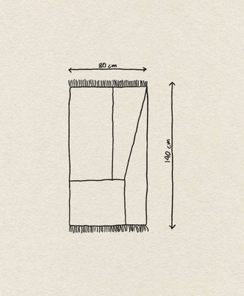 A hand-drawn rectangle with fringed edges, inspired by the ferm LIVING Kelim Rug, is divided into irregular geometric shapes. Dimensions: 80 x 140 cm. The artwork appears on a textured, off-white background.