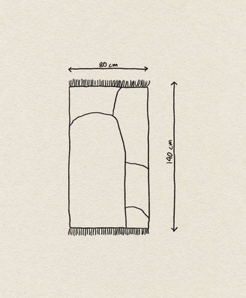 A simple line drawing of the ferm LIVING Kelim Rug by ferm LIVING, showing geometric shapes, fringes on the short sides, and labeled dimensions: 80 cm wide x 140 cm long.