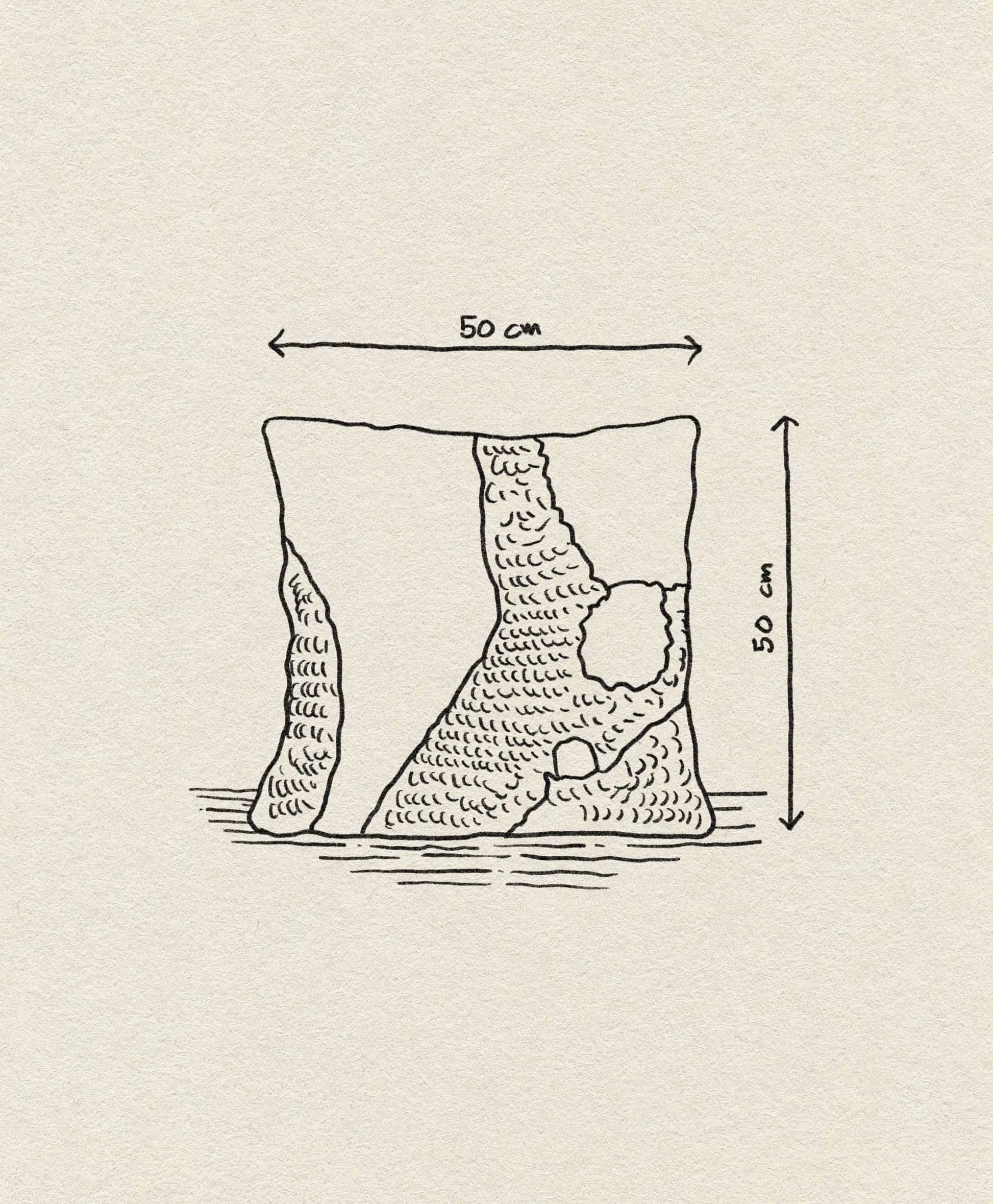 Line drawing of the ferm LIVING Loop Cushion, a uniquely textured cushion with openings, crafted from New Zealand wool. Measuring 50 x 50 cm, dimensions shown with arrows on a plain background, it brings contemporary style by ferm LIVING.
