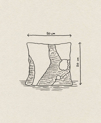 Line drawing of the ferm LIVING Loop Cushion, a uniquely textured cushion with openings, crafted from New Zealand wool. Measuring 50 x 50 cm, dimensions shown with arrows on a plain background, it brings contemporary style by ferm LIVING.