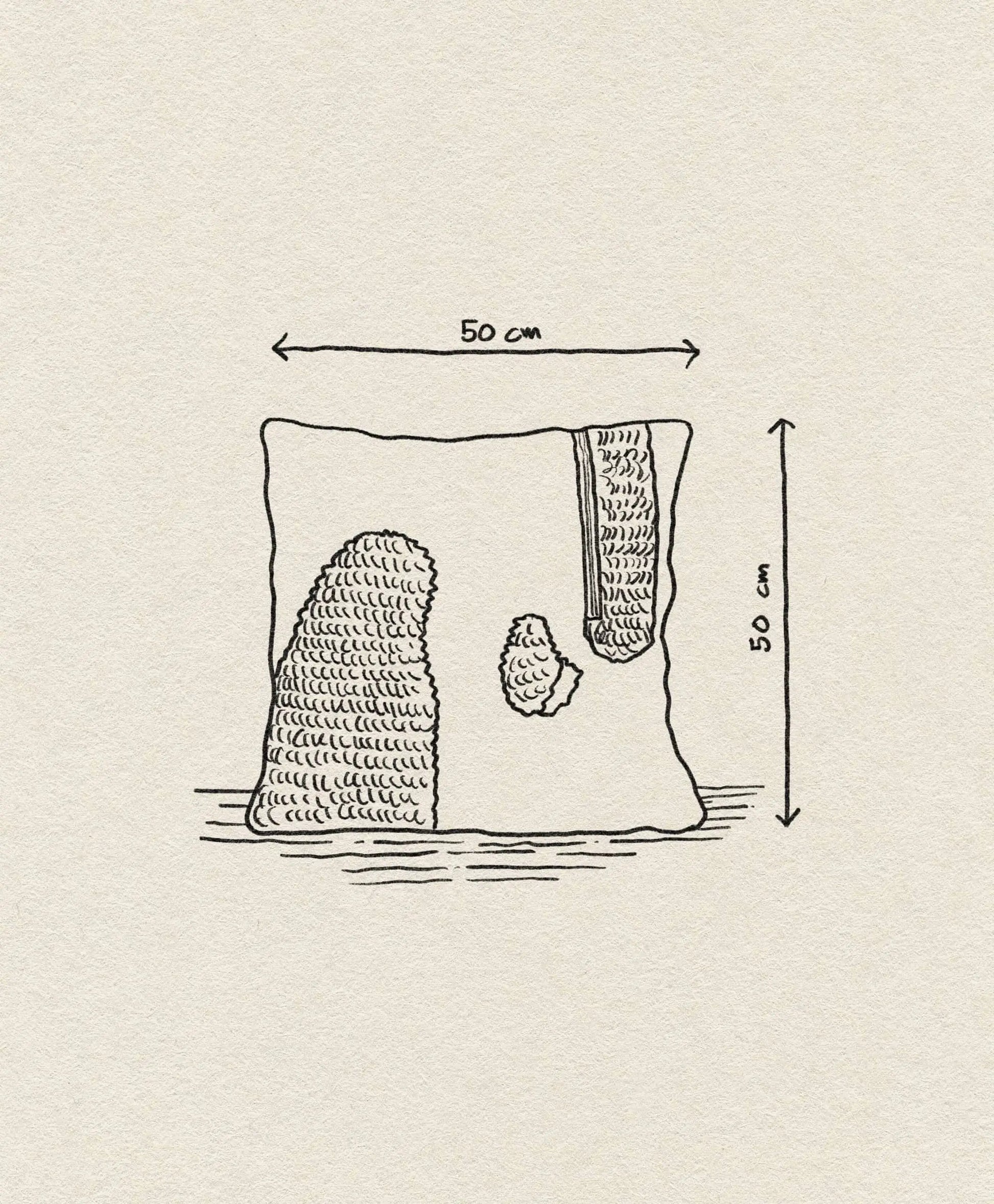 A hand-drawn sketch of the ferm LIVING Loop Cushion (50x50 cm) by ferm LIVING, showing three textured, uneven shapes with a contemporary vibe. Arrows labeled 50 cm mark the size on an off-white plain background.