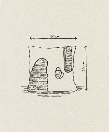 A hand-drawn sketch of the ferm LIVING Loop Cushion (50x50 cm) by ferm LIVING, showing three textured, uneven shapes with a contemporary vibe. Arrows labeled 50 cm mark the size on an off-white plain background.