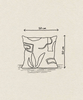 Line drawing of the ferm LIVING Mirage Cushion by ferm LIVING, nature-inspired with earthy abstract patterns, arrows indicating 50x50 cm dimensions on a textured beige background.