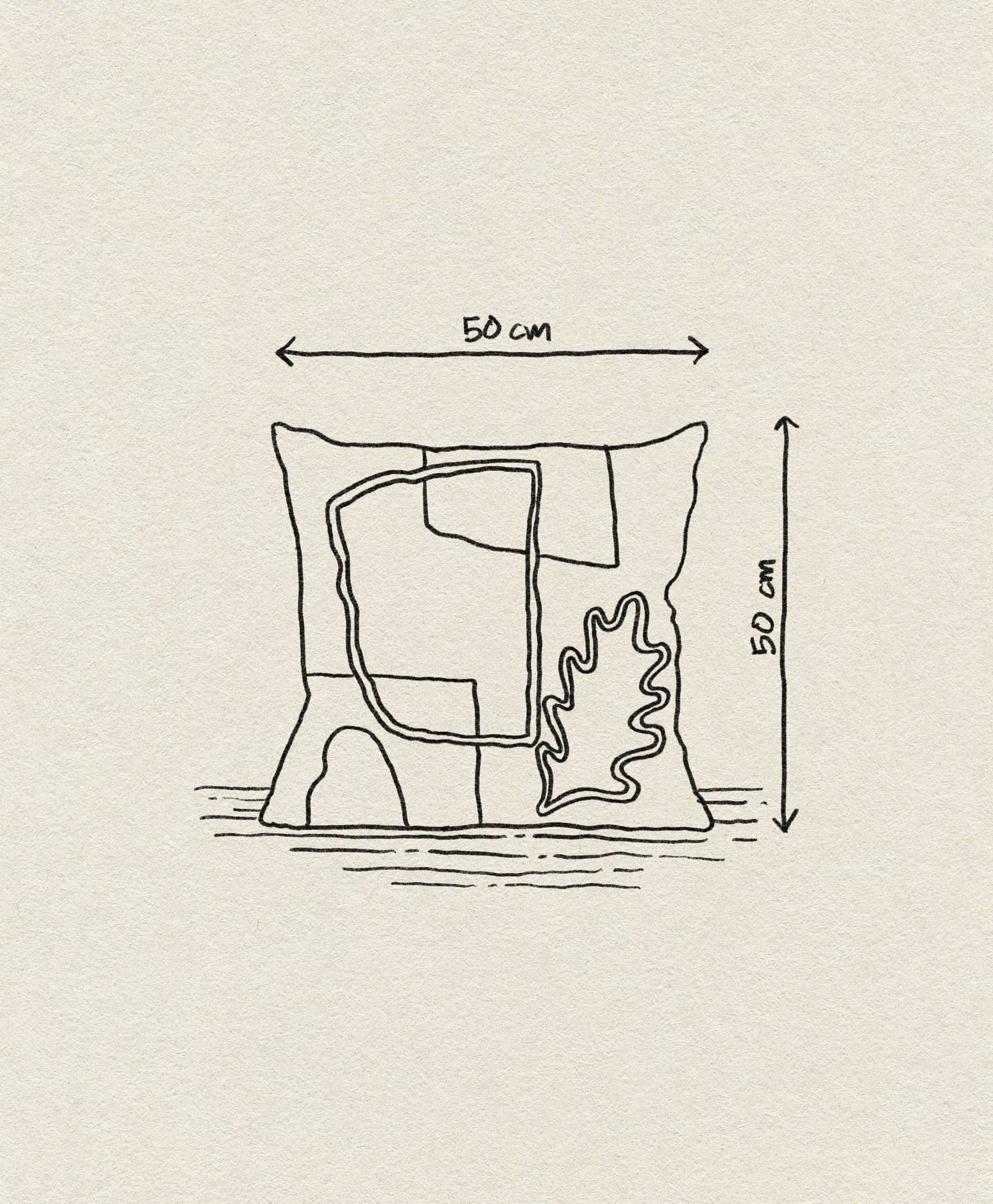 Line drawing of ferm LIVING Mirage Cushion (50 x 50 cm) with nature-inspired patterns. Arrows and labels show width and height. Textured off-white background with subtle earthy tones.