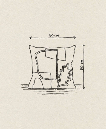 Line drawing of ferm LIVING Mirage Cushion (50 x 50 cm) with nature-inspired patterns. Arrows and labels show width and height. Textured off-white background with subtle earthy tones.