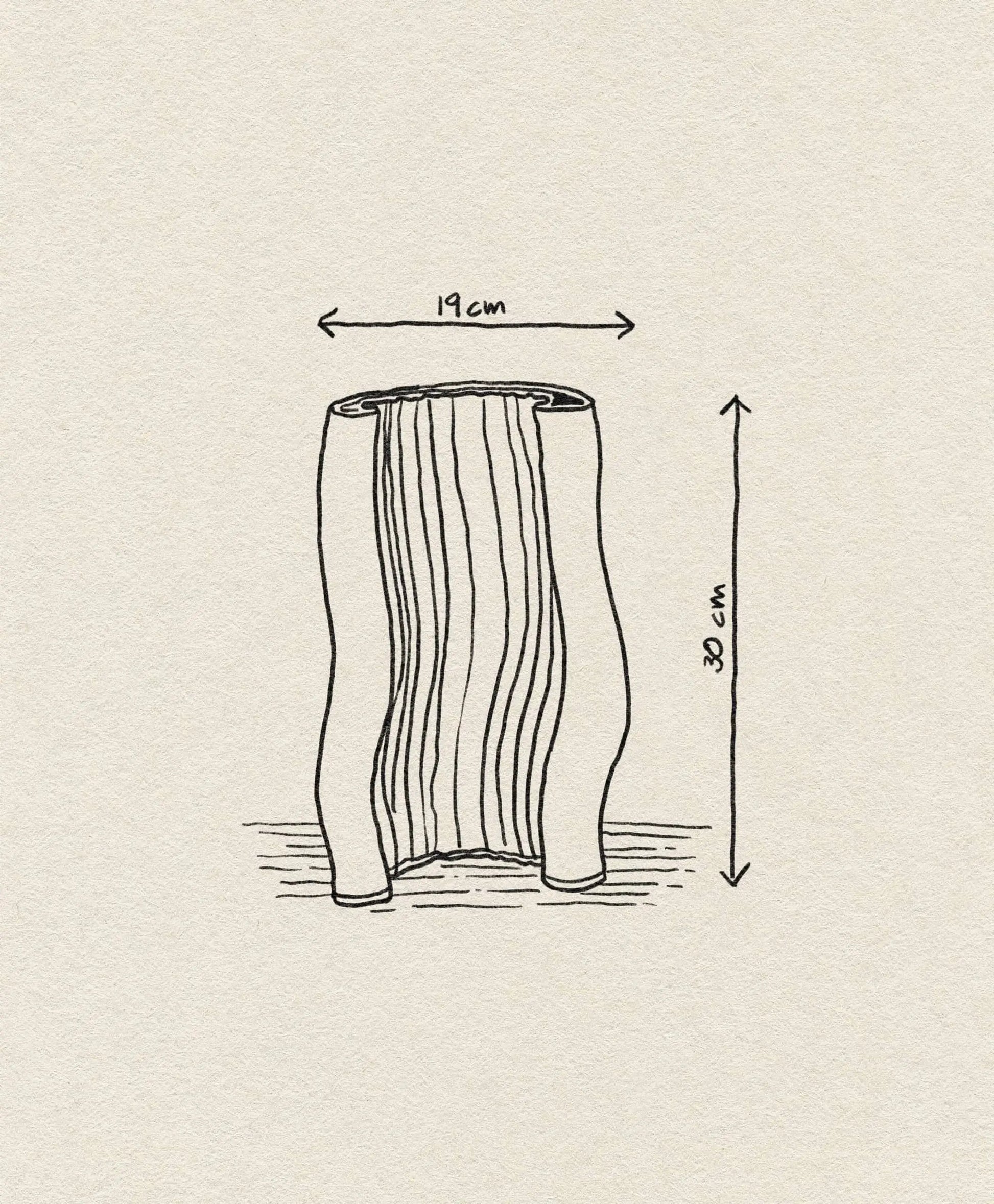 A hand-drawn illustration shows the ferm LIVING Moire Vase, a wavy cylindrical piece with four uneven legs, measuring 30 cm in height and 19 cm in width, displayed on a textured off-white background.