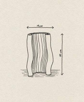 A hand-drawn illustration shows the ferm LIVING Moire Vase, a wavy cylindrical piece with four uneven legs, measuring 30 cm in height and 19 cm in width, displayed on a textured off-white background.