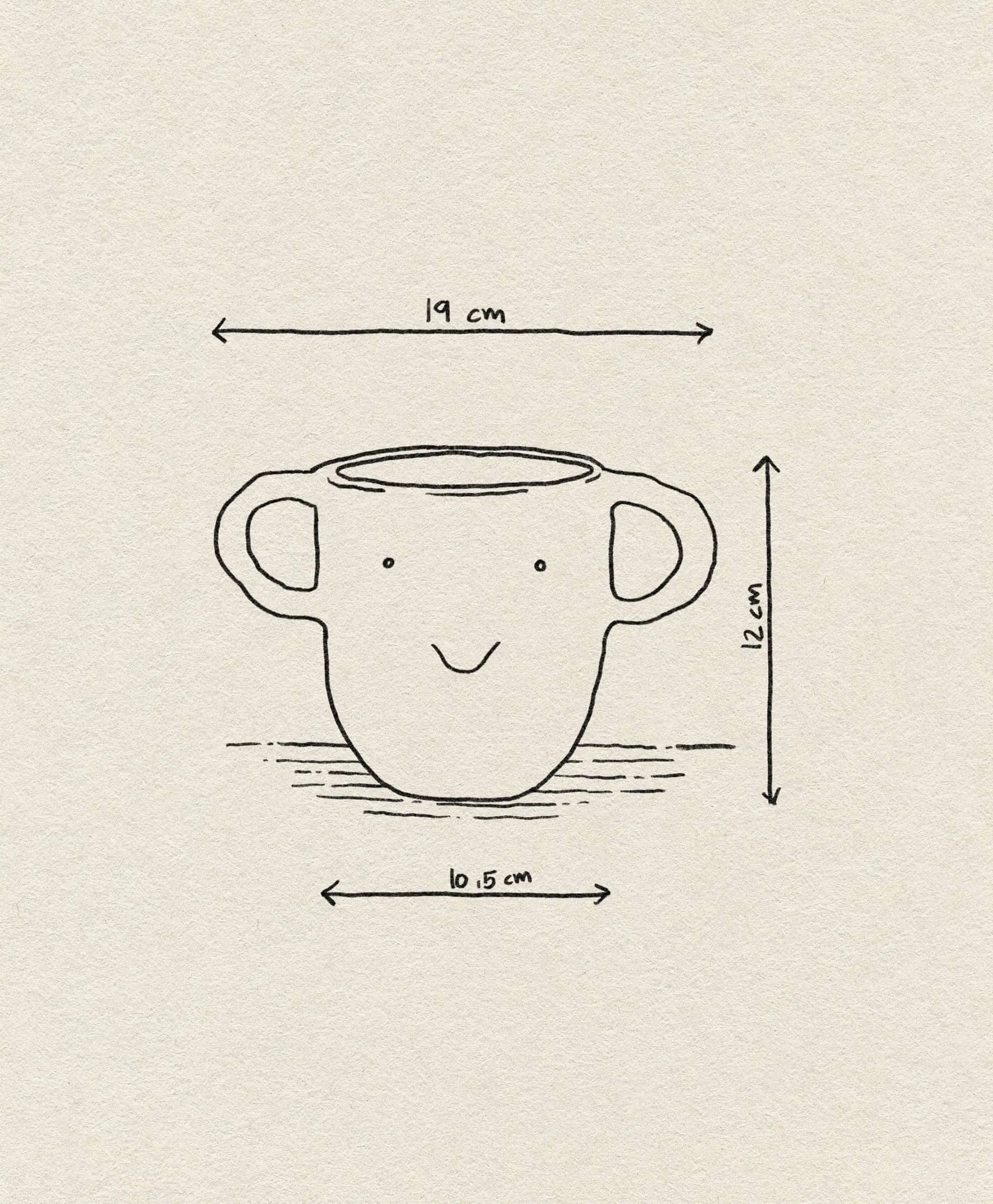 A line drawing of the ferm LIVING Mus Plant Pot, Large—mouse-ear handles, a smiling face, and measurements: 19 cm wide (with handles), 12 cm tall, and 10.5 cm base—on textured beige. Inspired by signature ferm LIVING designs.