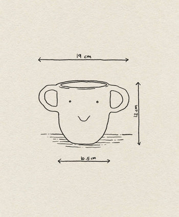 Line drawing of the ferm LIVING Mus Plant Pot, Large by ferm LIVING, styled as a cup with three mouse-like handles and a smiling face. Dimensions: 19 cm wide, 16.5 cm deep, 12 cm tall, with arrows and measurements illustrated.
