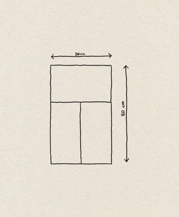 A hand-drawn diagram shows a rectangle, like the ferm LIVING Pile Bathroom Mat, divided into two vertical sections on the bottom and one horizontal section on top. The 50x80 cm mat hints at recycled polyester from ferm LIVING.