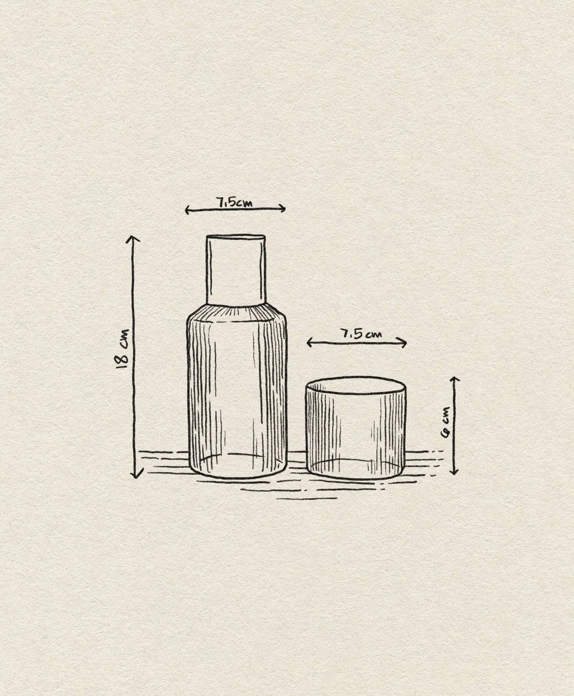 A hand-drawn illustration of the ferm LIVING Ripple Carafe Set, Small, shows its cylindrical bottle (18 cm tall, 7.5 cm wide) and matching lid (6 cm tall, 7.5 cm wide), featuring an elegant design by ferm LIVING.