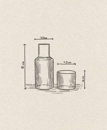 A hand-drawn sketch depicts the ferm LIVING Ripple Carafe Set, Small: a bottle and cap, each 7.5 cm wide. The 18 cm tall bottle and 6 cm cap are labeled with measurements, highlighting the refined rippled mouth blown glass by ferm LIVING.