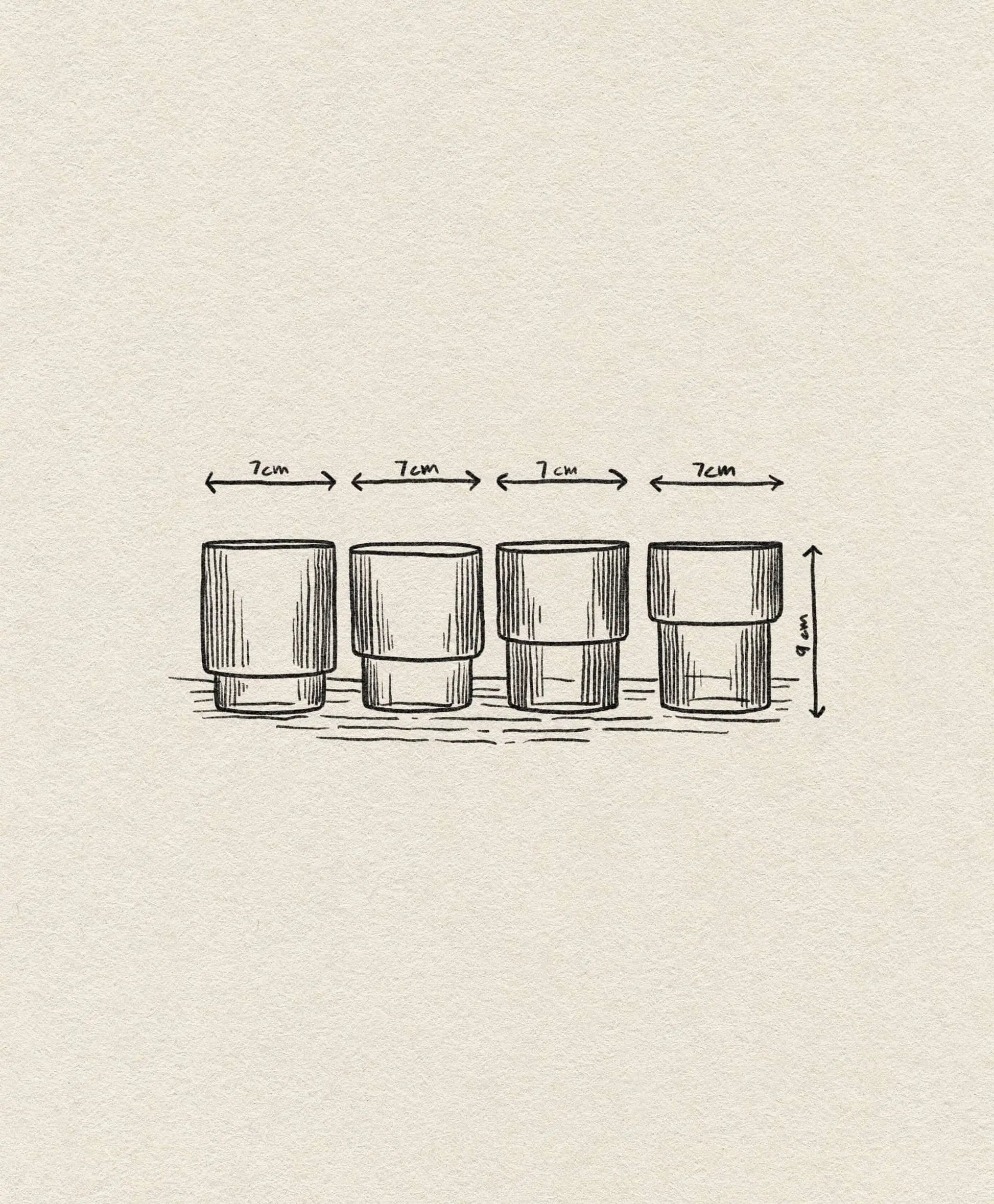A sketch of four ferm LIVING Ripple Drinking Glasses, Set of 4, in a row, each glass measuring 7 cm wide and 6 cm tall, marked with double-headed arrows for width and a vertical arrow showing height.
