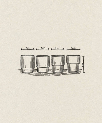 A sketch of four ferm LIVING Ripple Drinking Glasses, Set of 4, in a row, each glass measuring 7 cm wide and 6 cm tall, marked with double-headed arrows for width and a vertical arrow showing height.