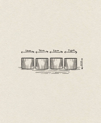 A hand-drawn illustration shows four identical ferm LIVING Ripple Low Glasses (set of 4), each measuring 7.6 cm wide and 6.5 cm tall, arranged in a row with arrows and measurements indicating width above and height at the side.