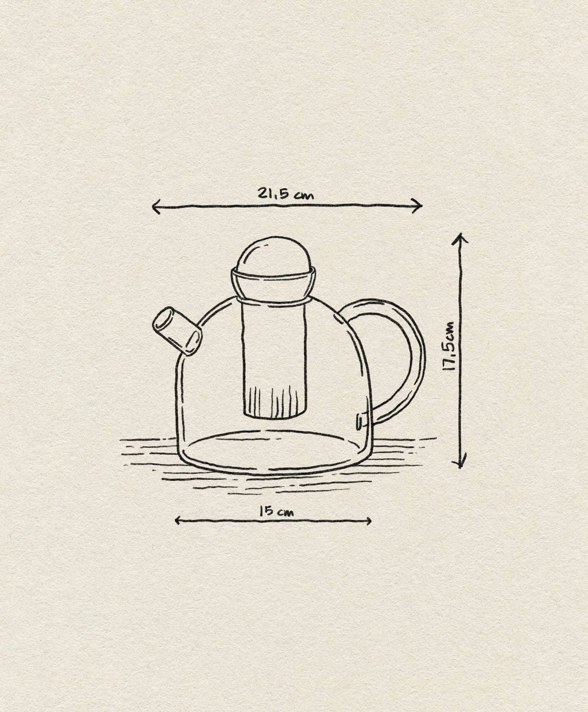 Line drawing of the ferm LIVING Still Teapot—a heat-resistant glass teapot with handle, spout, removable infuser, and dimensions (21.5 cm W x 17.5 cm H x 15 cm D)—displayed on a textured beige background. Brand: ferm LIVING.