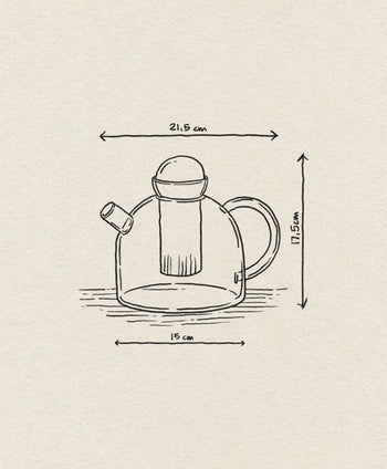 Line drawing of the ferm LIVING Still Teapot—a heat-resistant glass teapot with handle, spout, removable infuser, and dimensions (21.5 cm W x 17.5 cm H x 15 cm D)—displayed on a textured beige background. Brand: ferm LIVING.
