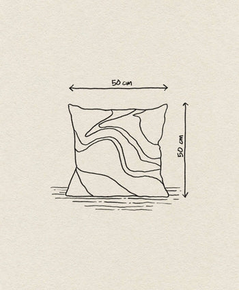 A line drawing of the ferm LIVING Vista Cushion (50x50 cm) with dimensions marked by double-headed arrows on the top and right sides—an abstract, artistic luxury cushion from ferm LIVING, perfect for a modern home.