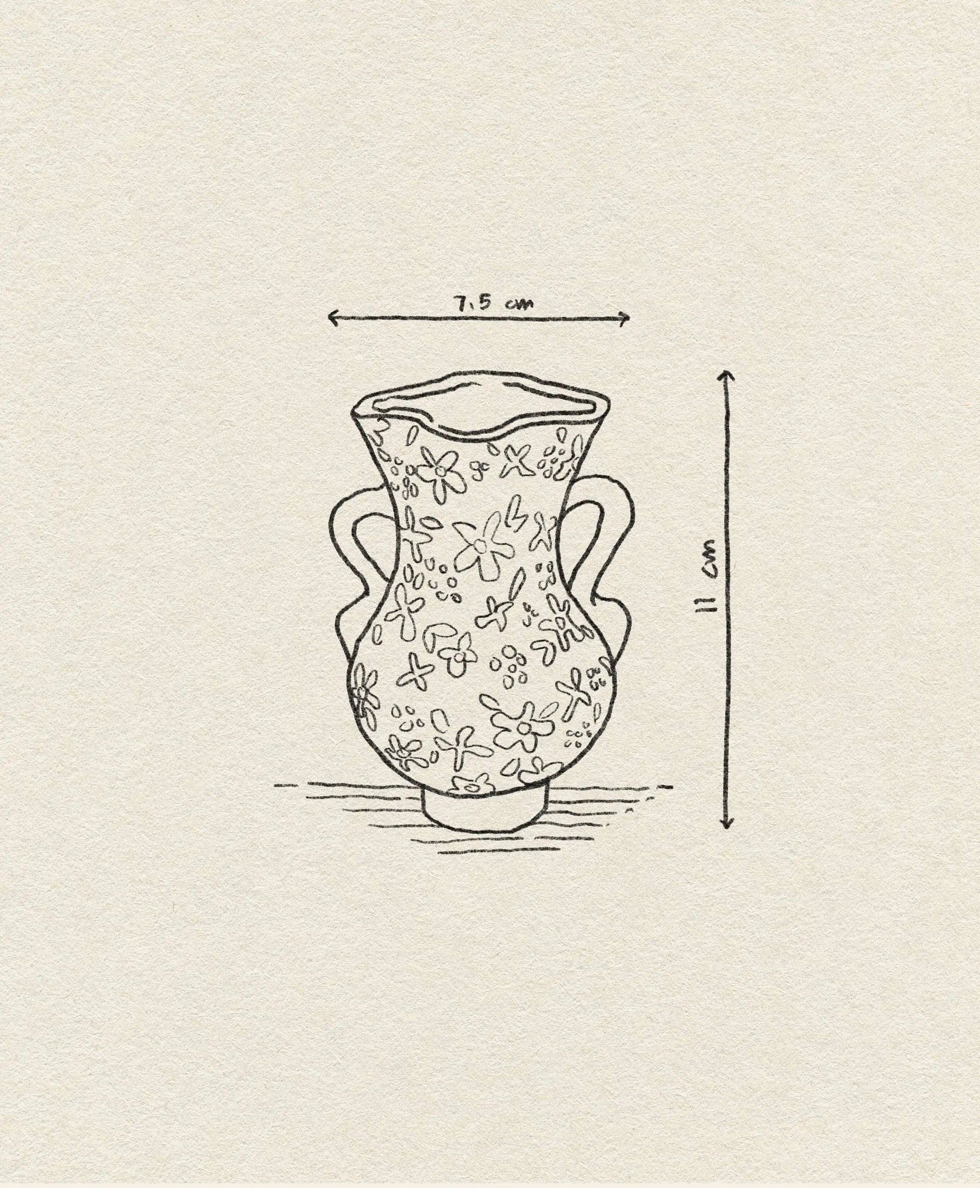 Line drawing of the &klevering Bloom Vase by &klevering, featuring two handles and petite flowers for a romantic touch. Labeled arrows show its 7.5 cm width and 11 cm height on a textured beige background.