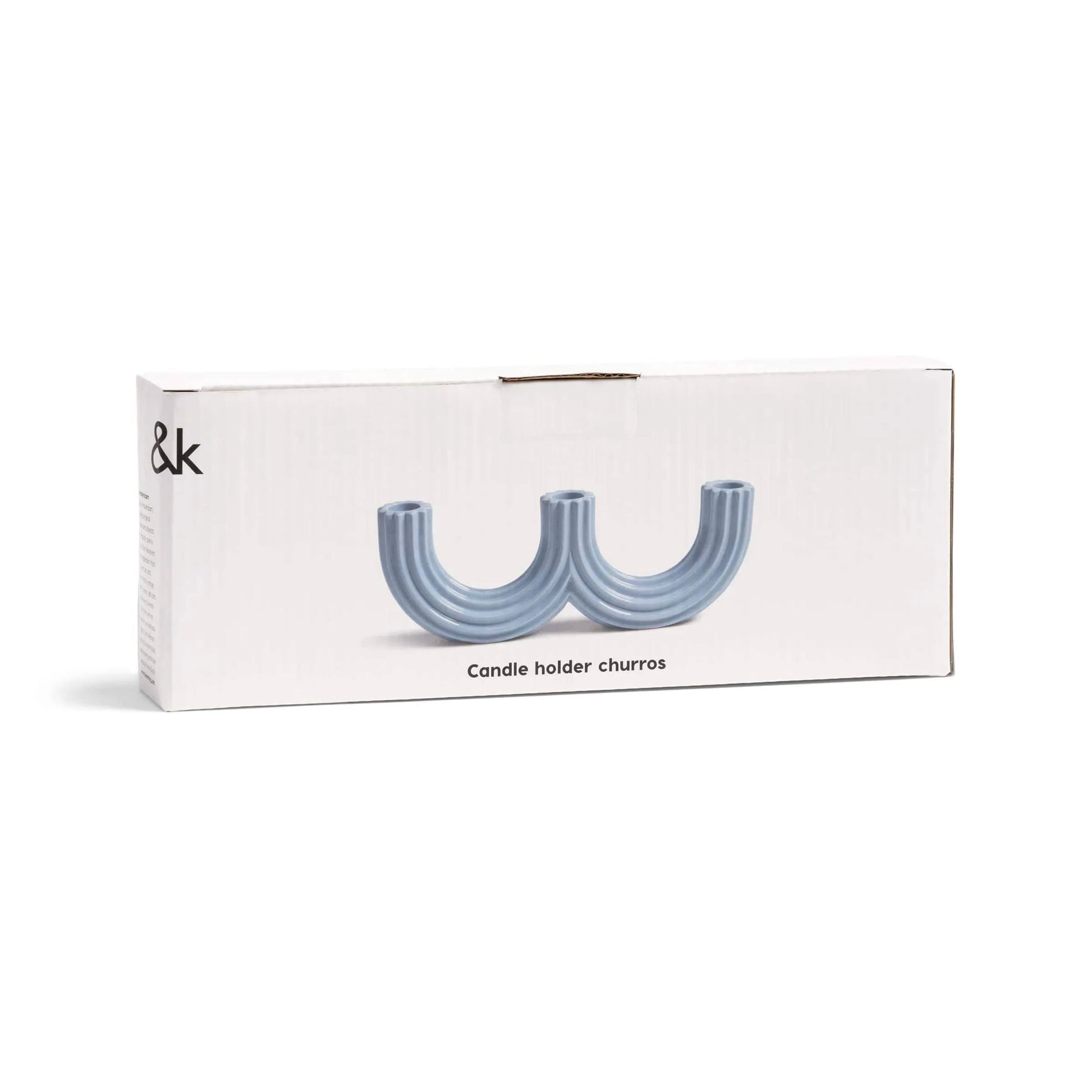 A rectangular white box displays an image of the &klevering Churros Candle Holder Light Blue, a unique handcrafted piece by &klevering—ideal for adding distinctive style to your home décor.