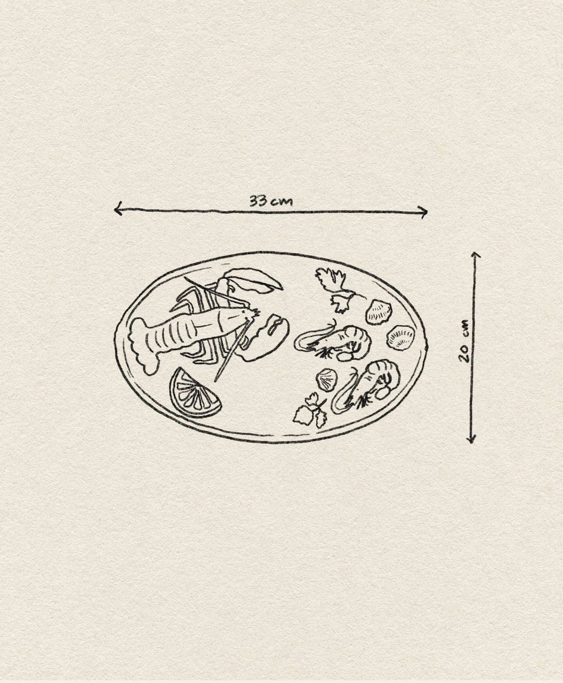 A hand-drawn illustration of the &klevering De La Mer Lobster Platter by &klevering, featuring seafood, lemon slices, and herbs. Decorative piece measures 33 cm wide and 20 cm tall.