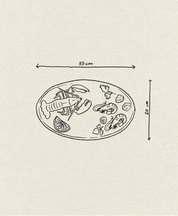 A hand-drawn illustration of the &klevering De La Mer Lobster Platter by &klevering, featuring seafood, lemon slices, and herbs. Decorative piece measures 33 cm wide and 20 cm tall.