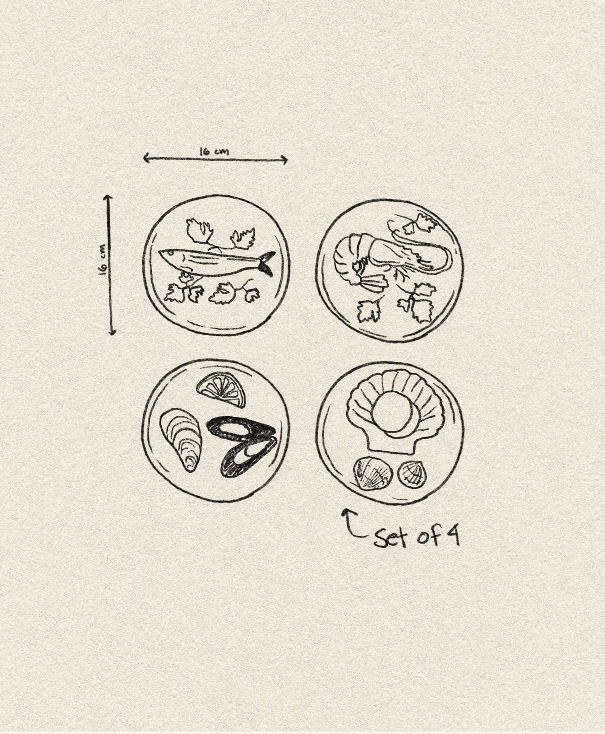 A sketch of four round, hand-painted &klevering De La Mer Plates (16 cm each), showing fish, shrimp, shellfish, and scallop motifs. Set of 4 from &klevering adds oceanic charm to your table.