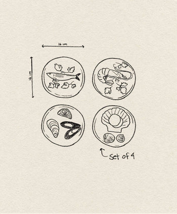 A sketch of four round, hand-painted &klevering De La Mer Plates (16 cm each), showing fish, shrimp, shellfish, and scallop motifs. Set of 4 from &klevering adds oceanic charm to your table.