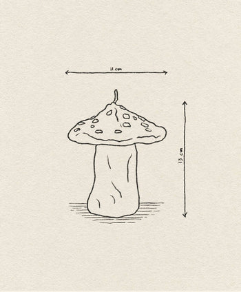 A simple line drawing of the &klevering Dots Mushroom Candle by &klevering, featuring a wide cap (11 cm) and tall stem (13 cm), with arrows marking dimensions on a plain textured paper background.