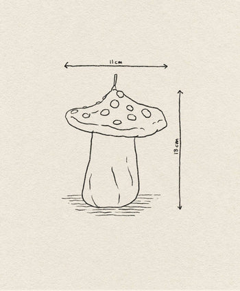 A simple line drawing of the &klevering Dots Mushroom Candle by &klevering, featuring a spotted cap and measuring 11 cm wide by 13 cm tall, on textured paper—ideal for adding an enchanting touch to any space.
