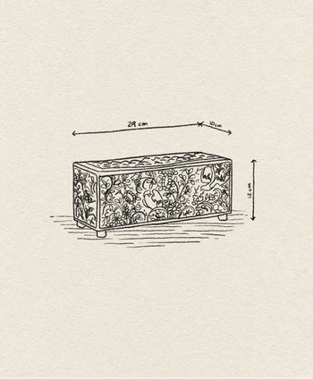 A sketch of the &klevering Flowerbrick Vase, a rectangular decorative box by &klevering, featuring floral and animal patterns (29 x 10 x 12 cm), evokes hand-painted porcelain against a textured background.