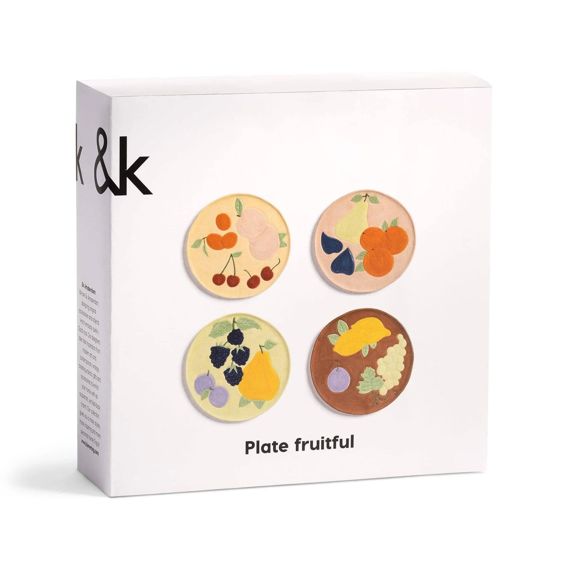 The &klevering Fruitful Plate Set features four round plates, each showcasing vintage-inspired fruit designs—cherries, figs, oranges, blackberries, pears, grapes, and plums—for a charming table setting.