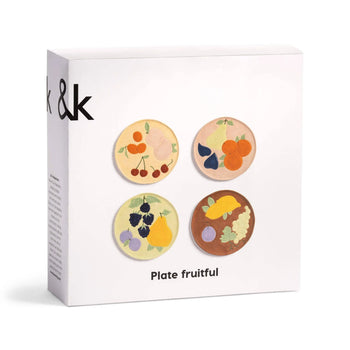The &klevering Fruitful Plate Set features four round plates, each showcasing vintage-inspired fruit designs—cherries, figs, oranges, blackberries, pears, grapes, and plums—for a charming table setting.