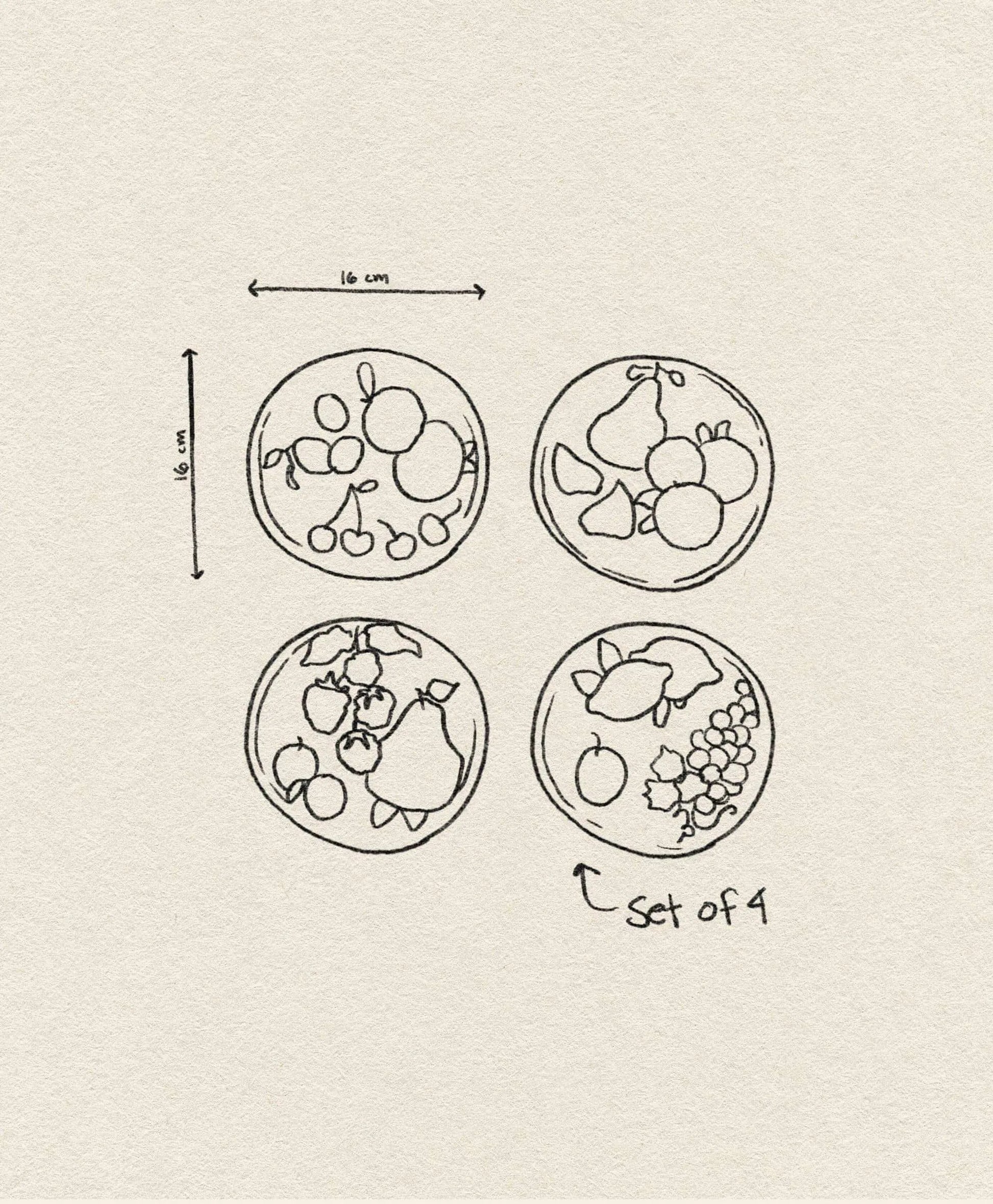 The &klevering Fruitful Plate, Set of 4, features hand-drawn fruit motifs and vintage charm; each round plate by &klevering measures 16 cm in diameter.