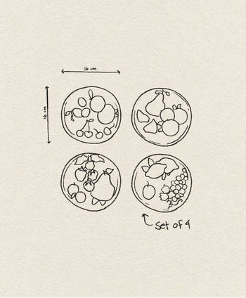The &klevering Fruitful Plate, Set of 4, features hand-drawn fruit motifs and vintage charm; each round plate by &klevering measures 16 cm in diameter.