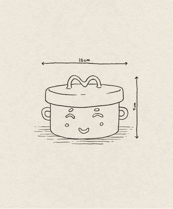 A line drawing of the &klevering Happy Jar by &klevering, showing its playful design with a smiling face, ears, and handled lid. Arrows indicate its 13 cm width and 9 cm height against a light beige textured background.