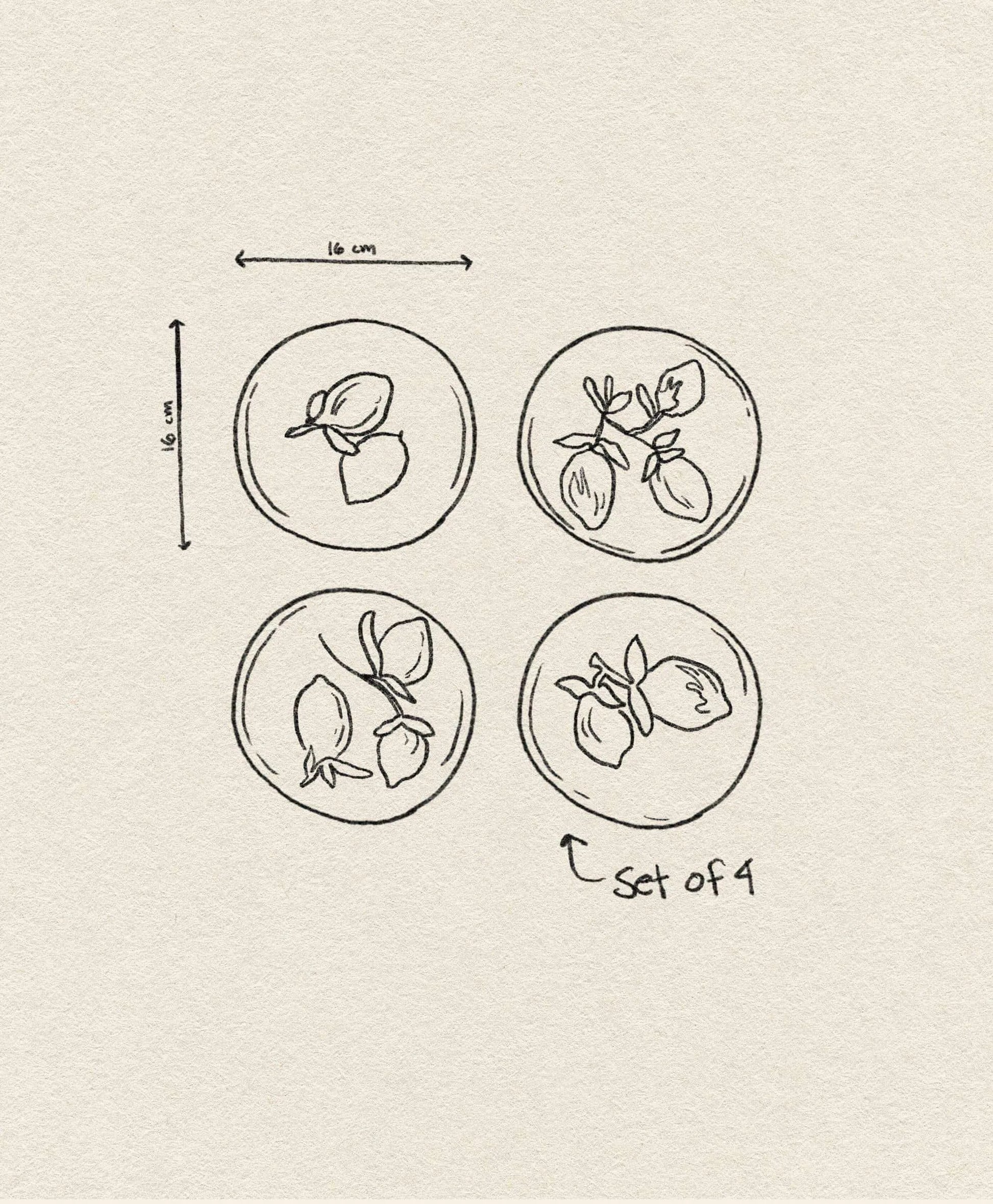 A hand-drawn sketch shows the &klevering Lemon Plate, Set of 4, each 16 cm wide with fruit or veggie designs. Arranged in a square, they’re labeled “Set of 4”—a perfect addition to your summer table from &klevering.