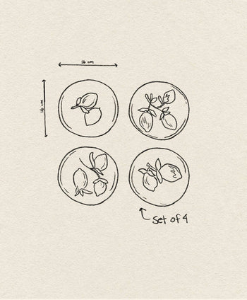A hand-drawn sketch shows the &klevering Lemon Plate, Set of 4, each 16 cm wide with fruit or veggie designs. Arranged in a square, they’re labeled “Set of 4”—a perfect addition to your summer table from &klevering.