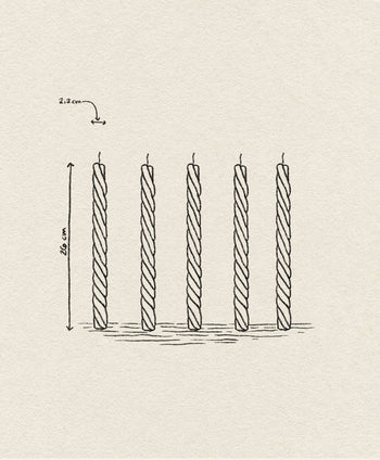 A sketch shows five upright &klevering Marshmallow Candles (Set of 5). The leftmost candle is marked with its height (16 cm) and diameter (2.2 cm), set against a lightly textured paper background.