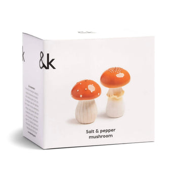 A white product box displays the &klevering Mushroom Salt & Pepper Set—two red and white mushroom-shaped shakers, ideal for whimsical kitchen decor—with “Salt & pepper mushroom” printed below the image.