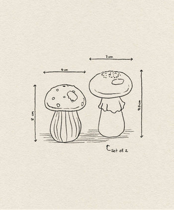 The &klevering Mushroom Salt & Pepper Set features a simple line drawing of two mushrooms (8x6 cm and 9.5x7 cm), labeled Set of 2 on a textured background—ideal as whimsical kitchen decor. Brand: &klevering.