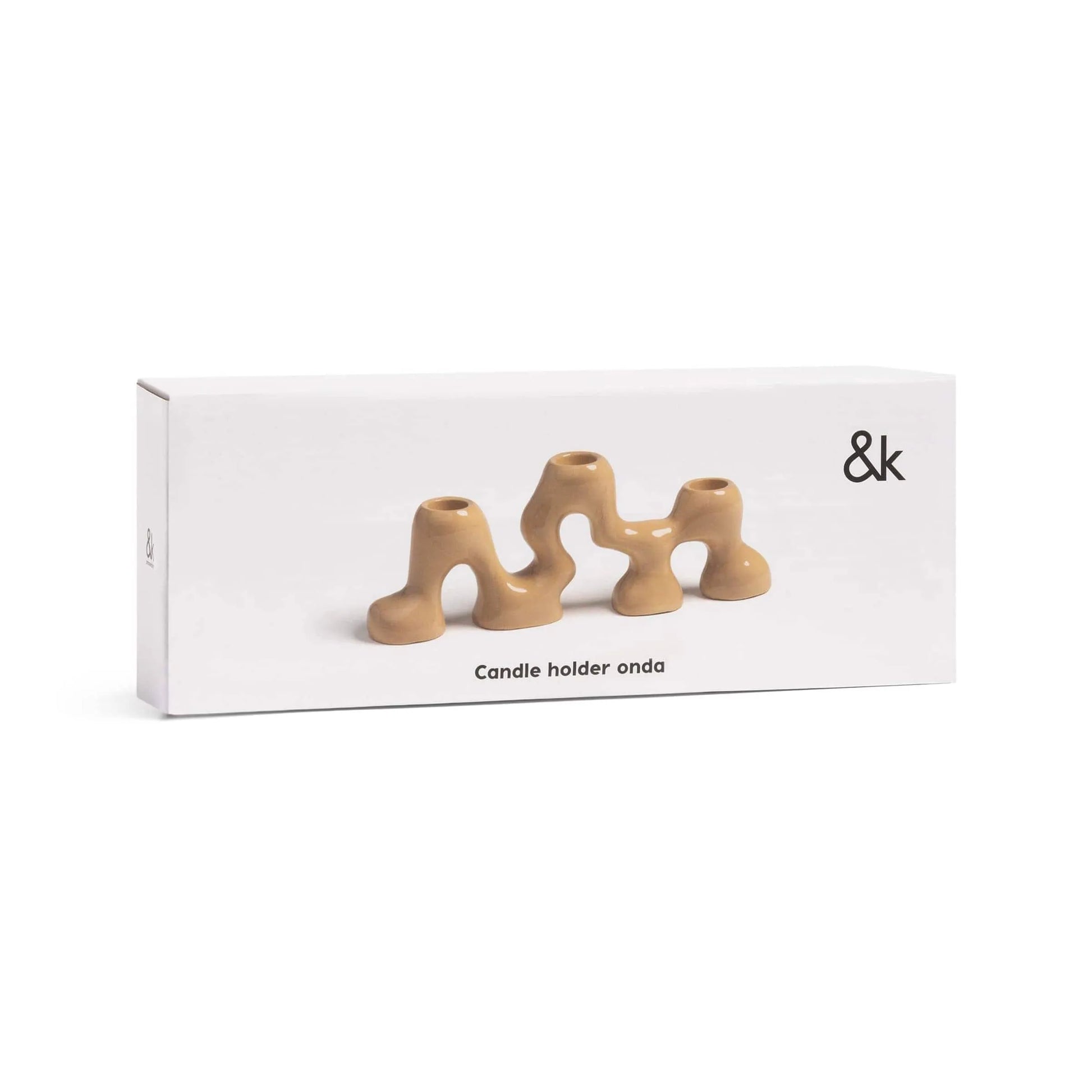 Rectangular white box for the &klevering Onda Small Candle Holder, showing a photo of the wavy beige ceramic holder with three candles. “Candle holder onda” and the &klevering logo appear on the front and in the top right corner.