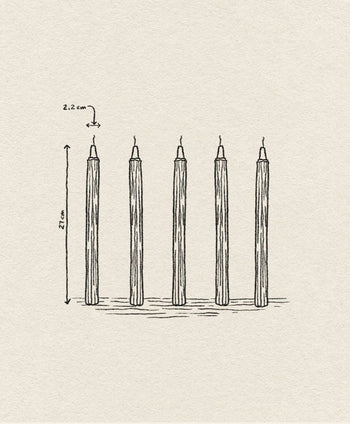 A sketch of the &klevering Ripple Candle, Set of 5, each handcrafted with visible wicks. These 21 cm tall, 2.2 cm wide candles by &klevering feature a unique vertical lined texture against a parchment-like background.