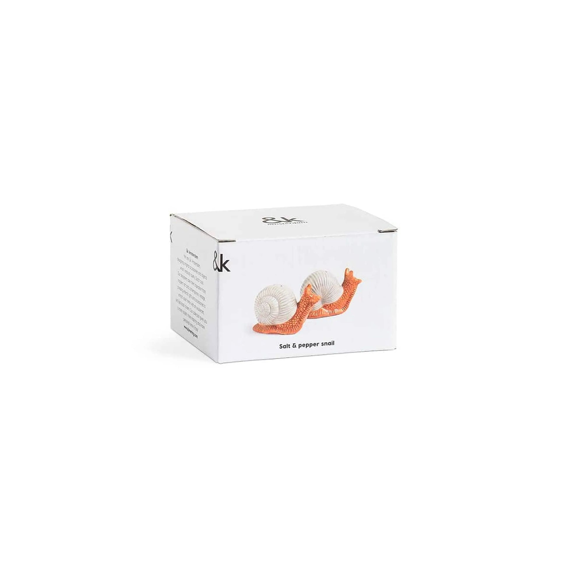 A small white box displays the &klevering Snail Salt & Pepper Set by &klevering, featuring two orange and white snail-shaped shakers, against a plain white background.
