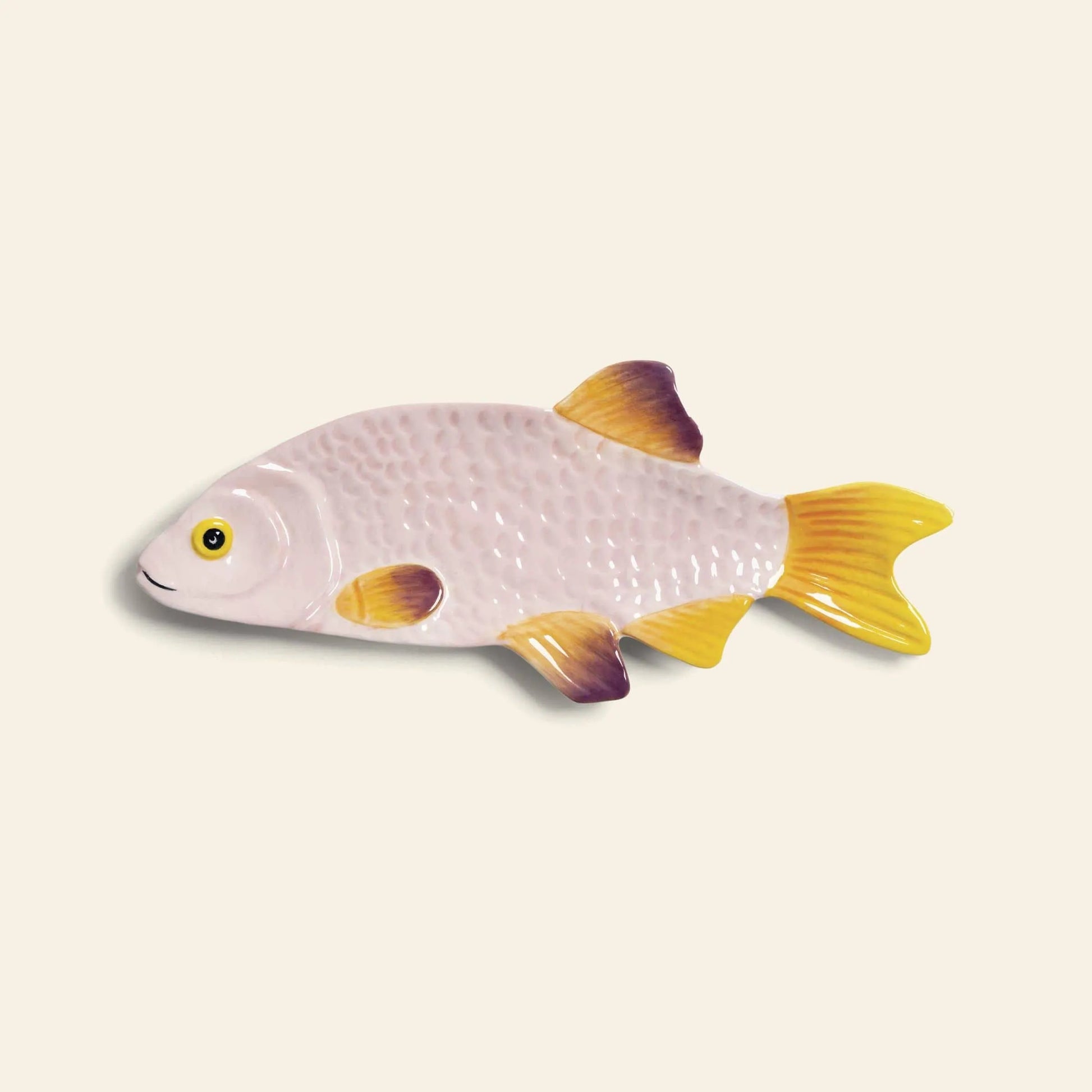 The &klevering Snapper Fish Plate by &klevering features a textured white body with yellow fins and tail, displayed on a light beige background—an eye-catching centrepiece for your dining table.