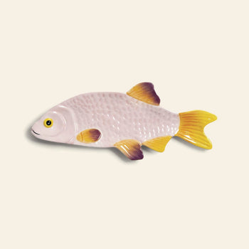 The &klevering Snapper Fish Plate by &klevering features a textured white body with yellow fins and tail, displayed on a light beige background—an eye-catching centrepiece for your dining table.