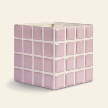 The &klevering Tiled Planter Lilac is a ceramic, cube-shaped planter with a glossy, lilac tile pattern and raised white lines forming squares. The open top reveals the hollow interior. Brand: &klevering. Background is plain and light.