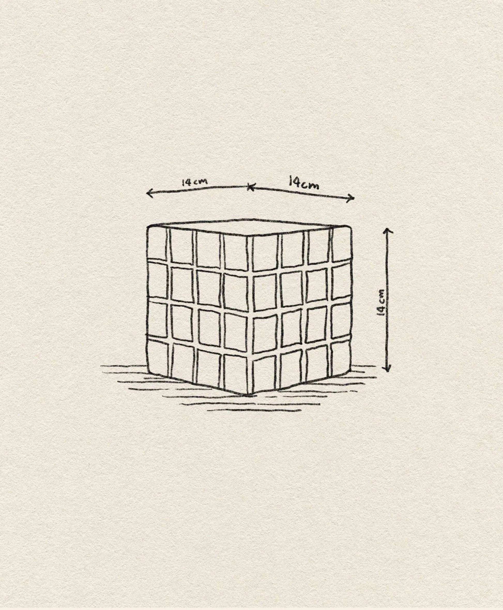 A hand-drawn sketch of the &klevering Tiled Planter Lilac shows a cube with candy-colored tiles. The 14 cm x 14 cm sides are marked with arrows for measurements, and the plain background features a subtle texture. Brand: &klevering.