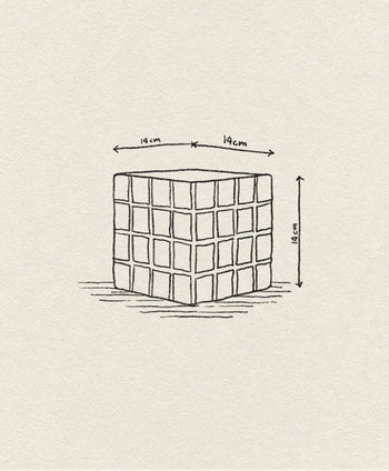 A hand-drawn sketch of the &klevering Tiled Planter Lilac shows a cube with candy-colored tiles. The 14 cm x 14 cm sides are marked with arrows for measurements, and the plain background features a subtle texture. Brand: &klevering.