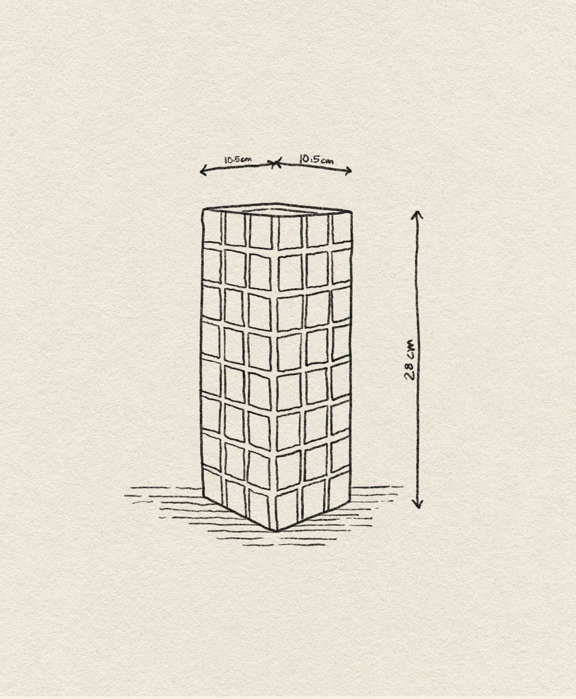 A hand-drawn sketch of the &klevering Tiled Vase Mint, a tall rectangular vase with a tile pattern, 28 cm high and 10.5 cm wide/deep. Arrows show the dimensions on the top and side. Brand: &klevering.